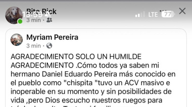 Un agradecimiento a todo el equipo de salud por la recuperación de “Chispita” Pereira