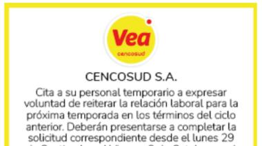 Sucursal Vea San Clemente del Tuyú convoca a su personal temporario para reanudar relación laboral