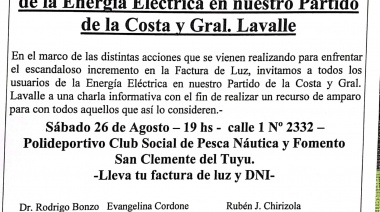 Convocatoria a usuarios de energía eléctrica en Partido de la Costa y Gral. Lavalle por facturación de luz