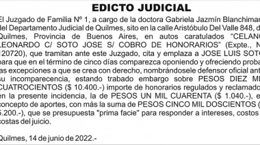 Edicto Judicial en autos Celano Leonardo C/ Soto José S/ Cobro de Honorarios