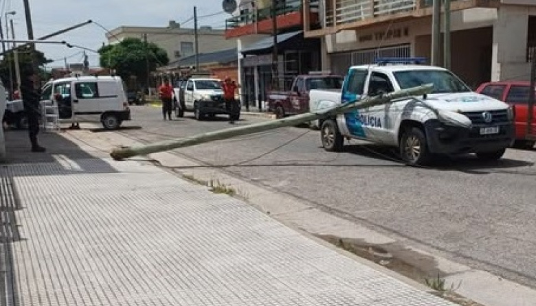 Un micro arrancó cables y una luminaria cayó sobre un patrullero: no hubo heridos
