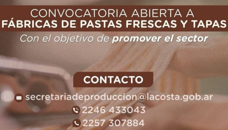 Convocan a fábricas de pastas frescas y tapas de empanadas de La Costa