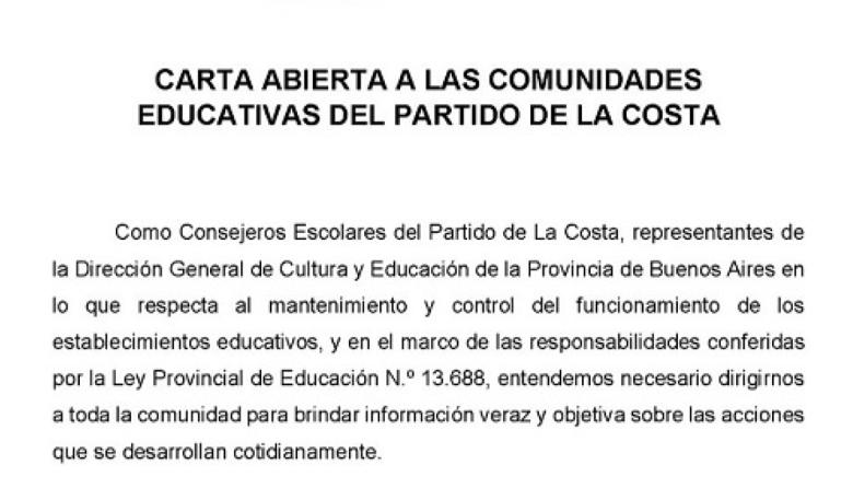 El Consejo Escolar de La Costa difundió una carta abierta para informar sobre las acciones que fortalecen las escuelas públicas