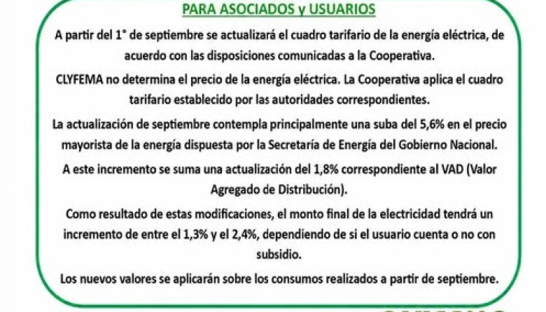 CLYFEMA informó un nuevo cuadro tarifario de la electricidad desde septiembre
