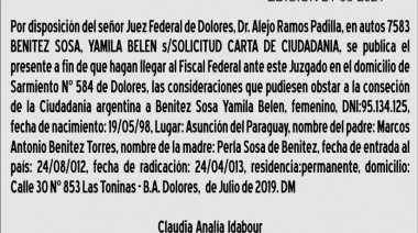 Solicitud de Ciudadania de Yamila Belen Benitez Sosa, en Autos 7583