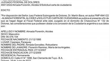 Juzgado Federal de Dolores - Edicto | Expte 4941/2022 Almada Fiorentin, Alcides S/Solicitud carta de ciudadanía