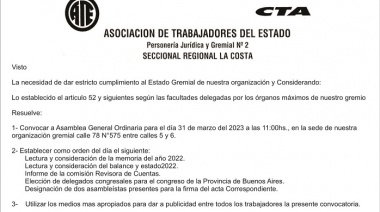 La Asociación de Trabajadores del Estado (ATE) convoca a Asamblea General Ordinaria