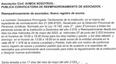 La Asociación Civil Somos Nosotros convoca a reempadronamiento de asociados.