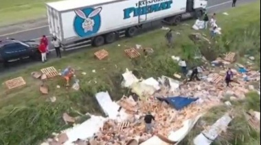 Un camión de pollos vuelca en Ruta 2 y desata insólito saqueo de la mercadería
