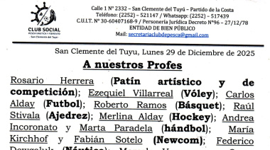 El Club Social de Pesca, Náutica y Fomento agradeció a sus profesores por el trabajo realizado durante 2025