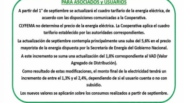 CLYFEMA informó un nuevo cuadro tarifario de la electricidad desde septiembre